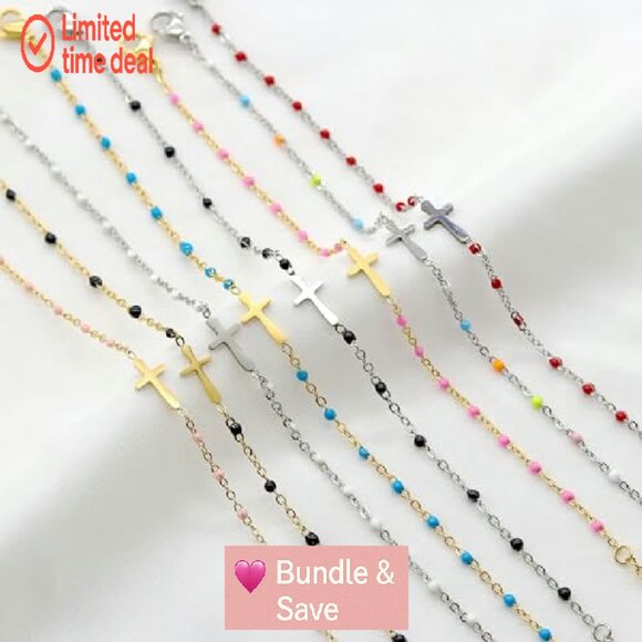 14K Gold Plated Cross Beaded Bracelet Adjustable Stainless Steel Link Chain - Picture 3 of 7